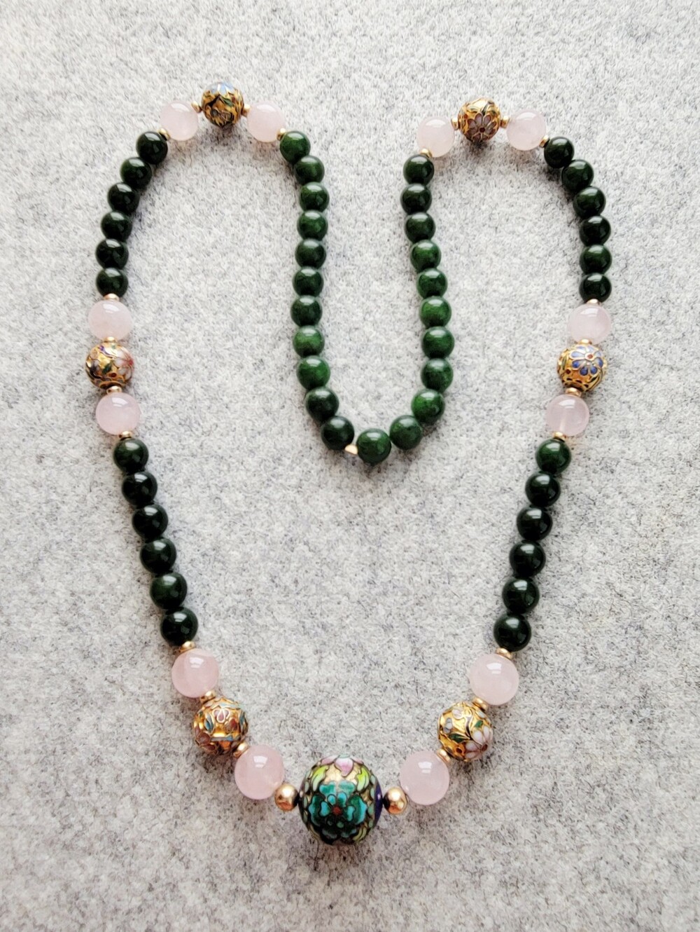 Natural Stone Dark Green & Pink Beaded Necklace Floral Cloisonné Accent Beads